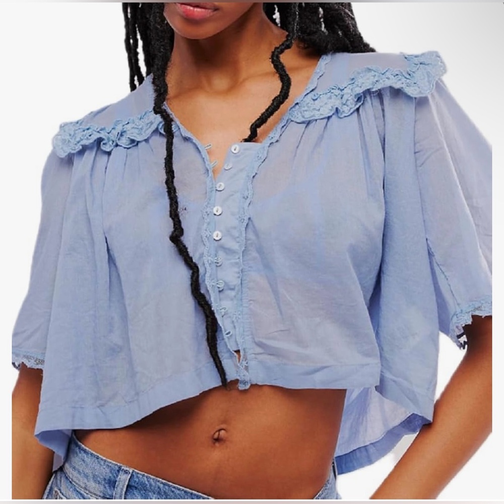Free People Light Blue Ruffled Blouse - Picture 3 of 11
